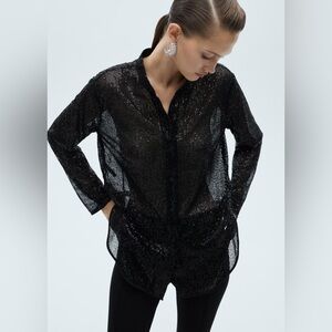 Mango Black semi transparent sequined shirt NWT